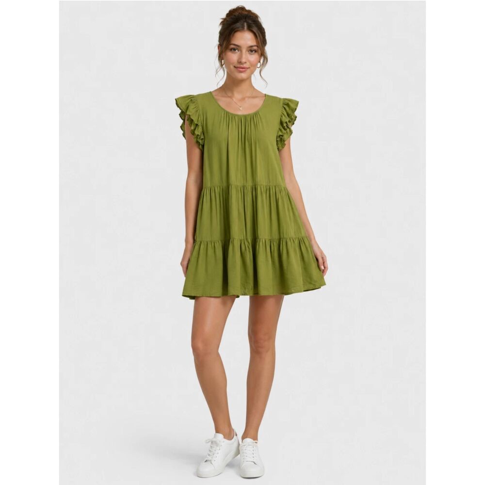 Aritzia Wilfred Sidonie Tiered Flowy Babydoll Mini Dress Ruffle Womens M Green